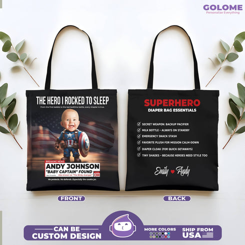 Personalized Baby Superhero Tote Bag – Custom Captain Design with Name, Photo & Quote